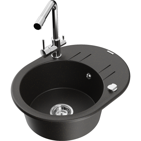 Mexen Kevin 1-bowl granite kitchen sink with drainer and Duero kitchen tap, black/gold metallic - 6517-75-671600-00