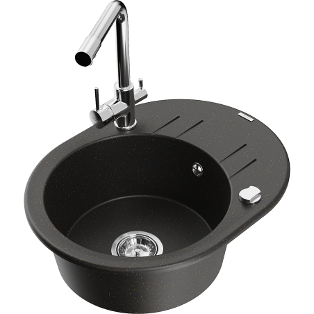Mexen Kevin granite single-bowl sink with drainer and kitchen faucet Duero, black/gold metallic - 6517-75-671600-00