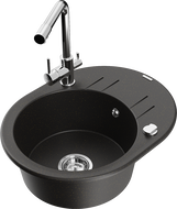 Mexen Kevin 1-compartment granite sink with a drip tray and kitchen mixer tap Duero, Black/Gold metallic - 6517-75-671600-00