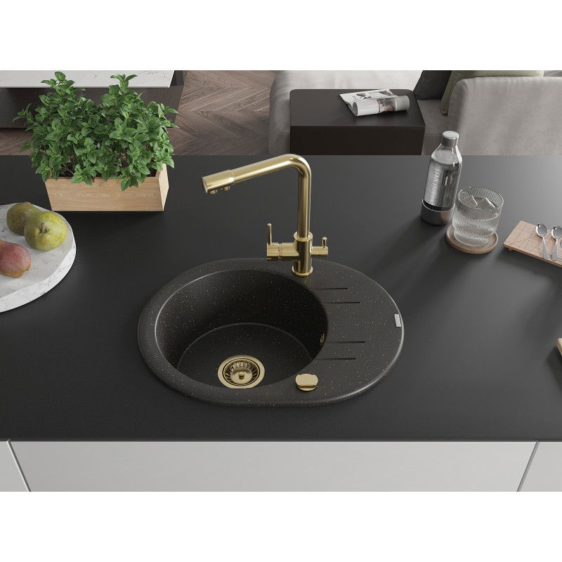 Mexen Kevin 1-bowl granite sink with drainer and Duero kitchen tap, black/gold metallic - 6517-75-671600-50