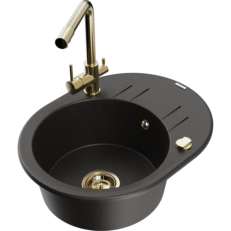 Mexen Kevin 1-compartment granite sink with a drip tray and kitchen mixer tap Duero, Black/Gold metallic - 6517-75-671600-50