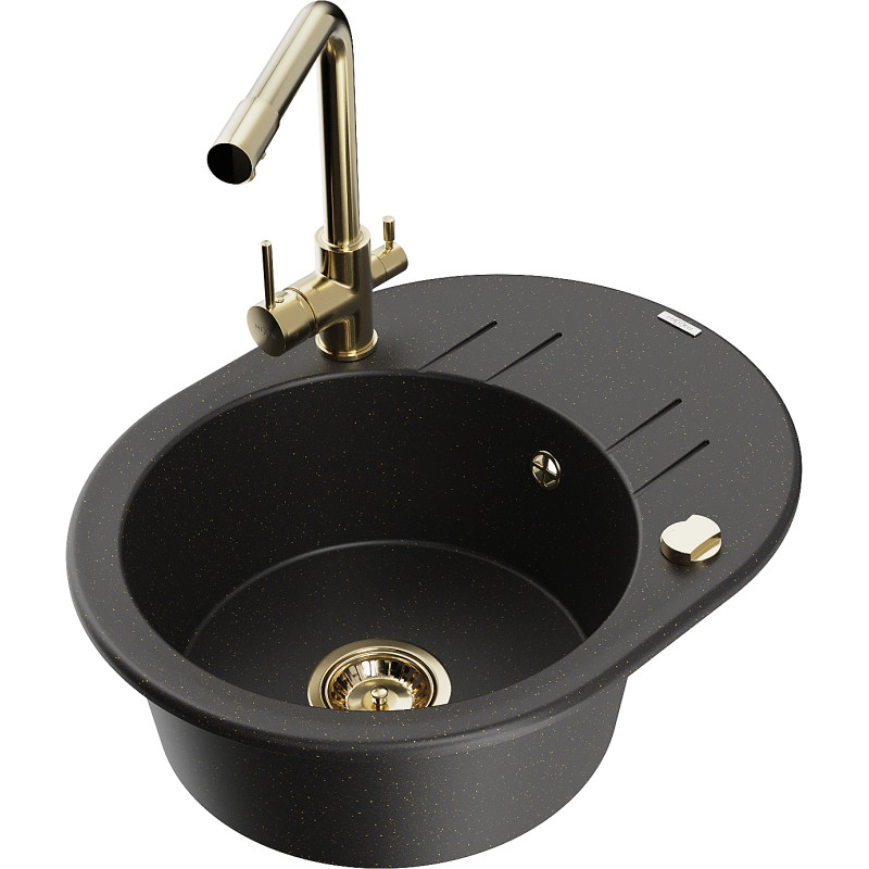 Mexen Kevin granite sink with 1-bowl and drainer, Duero kitchen faucet, black/gold metallic - 6517-75-671600-50