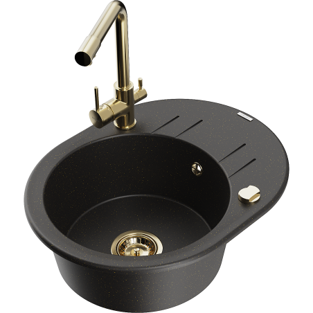 Mexen Kevin 1-bowl granite sink with drainer and Duero kitchen tap, black/gold metallic - 6517-75-671600-50