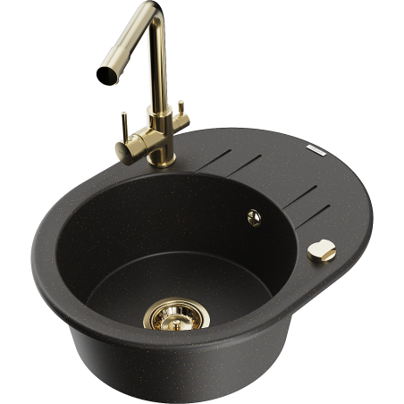 Mexen Kevin granite sink with 1-bowl and drainer, Duero kitchen faucet, black/gold metallic - 6517-75-671600-50