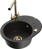 Mexen Kevin 1-compartment granite sink with a drip tray and kitchen mixer tap Duero, Black/Gold metallic - 6517-75-671600-50