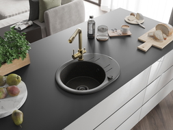 Mexen Kevin 1-compartment granite sink with a drip tray and kitchen mixer tap Duero, Black/Gold metallic - 6517-75-671600-50-B