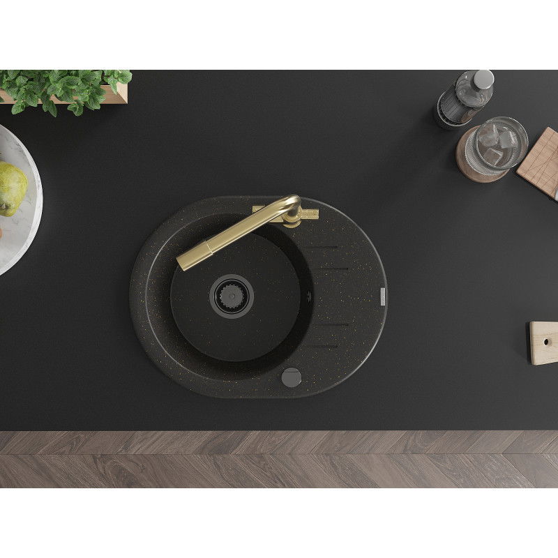 Mexen Kevin granite sink single bowl with drainer and Duero kitchen tap, black/gold metallic - 6517-75-671600-50-B
