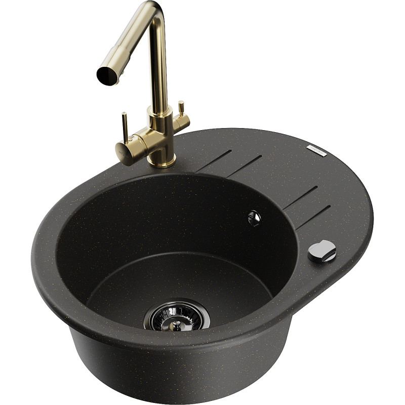 Mexen Kevin 1-Bowl Granite Sink with Drainer and Duero Kitchen Faucet, Black/Gold Metallic - 6517-75-671600-50-B