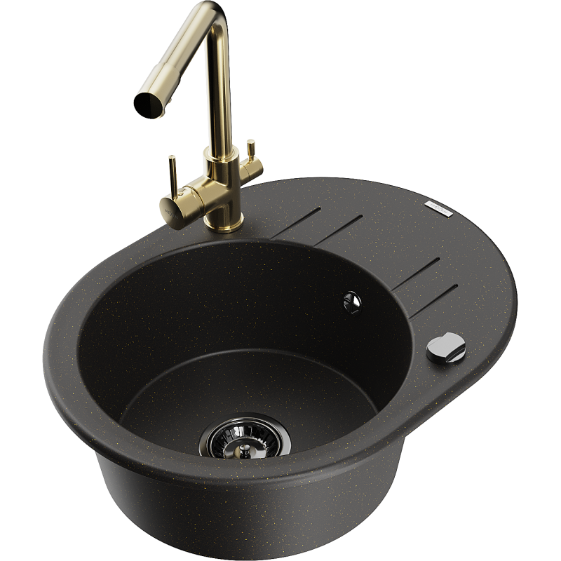 Mexen Kevin 1-compartment granite sink with a drip tray and kitchen mixer tap Duero, Black/Gold metallic - 6517-75-671600-50-B