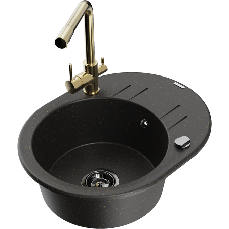 Mexen Kevin 1-Bowl Granite Sink with Drainer and Duero Kitchen Faucet, Black/Gold Metallic - 6517-75-671600-50-B