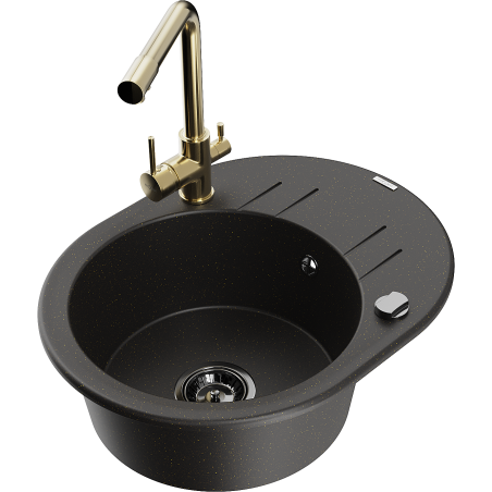 Mexen Kevin granite sink single bowl with drainer and Duero kitchen tap, black/gold metallic - 6517-75-671600-50-B