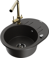 Mexen Kevin granite sink single bowl with drainer and Duero kitchen tap, black/gold metallic - 6517-75-671600-50-B