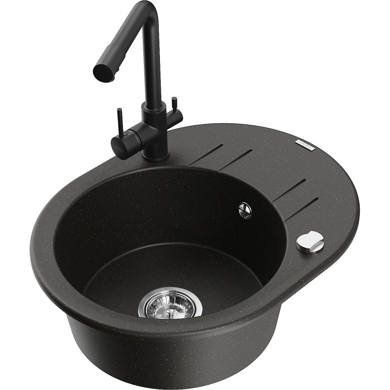 Mexen Kevin 1-compartment granite sink with a drip tray and kitchen mixer tap Duero, Black/Gold metallic - 6517-75-671600-70