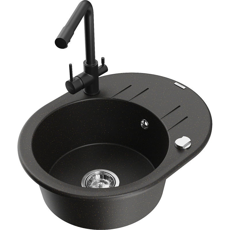 Mexen Kevin granite sink 1-bowl with drainer and Duero kitchen faucet, black/gold metallic - 6517-75-671600-70