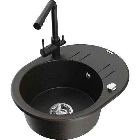 Mexen Kevin granite sink 1-bowl with drainer and Duero kitchen faucet, black/gold metallic - 6517-75-671600-70