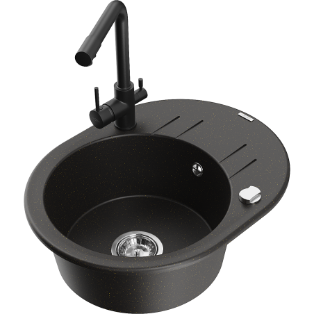 Mexen Kevin granite sink 1-bowl with drainer and Duero kitchen tap, black/golden metallic - 6517-75-671600-70