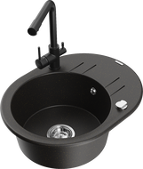 Mexen Kevin 1-bowl granite kitchen sink with drainer and Duero kitchen faucet, black/gold metallic - 6517-75-671600-70