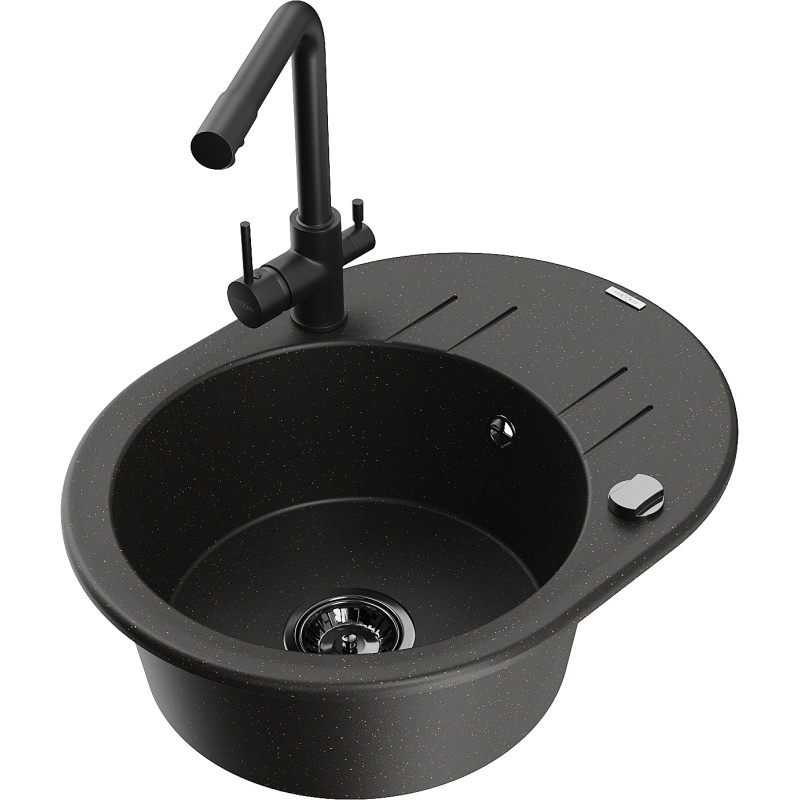 Mexen Kevin granite kitchen sink single-bowl with drainer and kitchen faucet Duero, black/gold metallic - 6517-75-671600-70-B