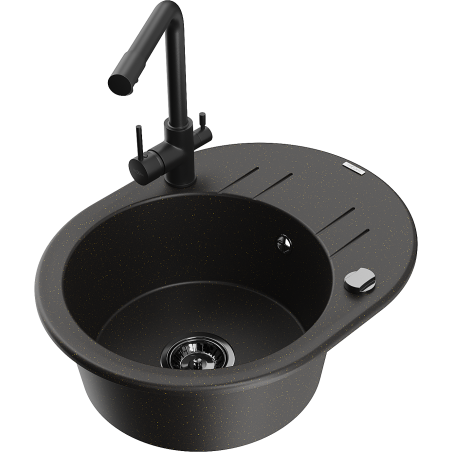 Mexen Kevin granite kitchen sink single-bowl with drainer and kitchen faucet Duero, black/gold metallic - 6517-75-671600-70-B
