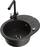 Mexen Kevin granite kitchen sink single-bowl with drainer and kitchen faucet Duero, black/gold metallic - 6517-75-671600-70-B