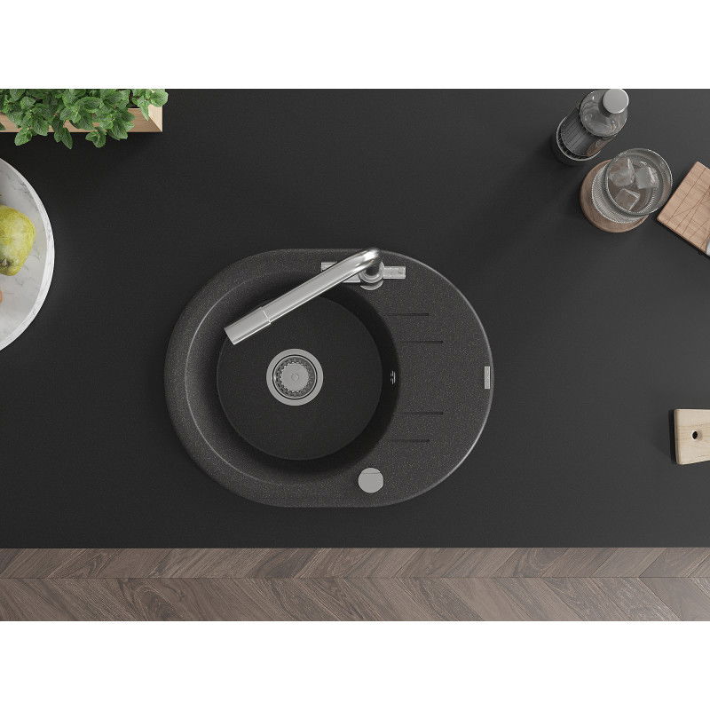 Mexen Kevin granite sink 1-bowl with drainer and Duero kitchen tap, black speckled - 6517-76-671600-00