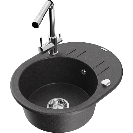 Mexen Kevin granite kitchen sink single bowl with drainer and kitchen faucet Duero, black speckled - 6517-76-671600-00