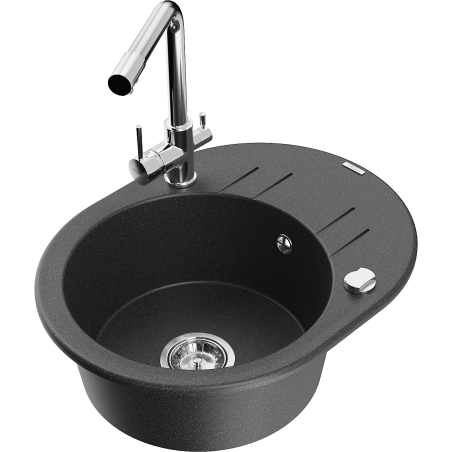 Mexen Kevin granite sink 1-bowl with drainer and Duero kitchen tap, black speckled - 6517-76-671600-00