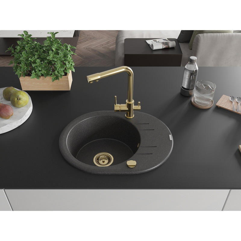 Mexen Kevin granite kitchen sink 1-bowl with drainer and Duero kitchen faucet, black speckled - 6517-76-671600-50