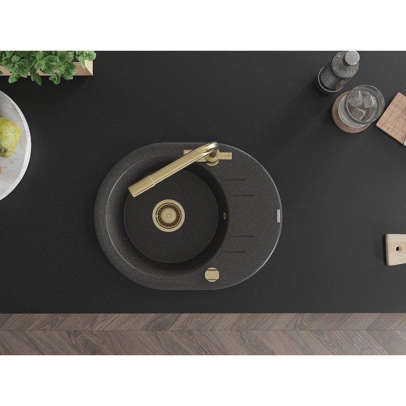 Mexen Kevin granite kitchen sink 1-bowl with drainer and Duero kitchen faucet, black speckled - 6517-76-671600-50