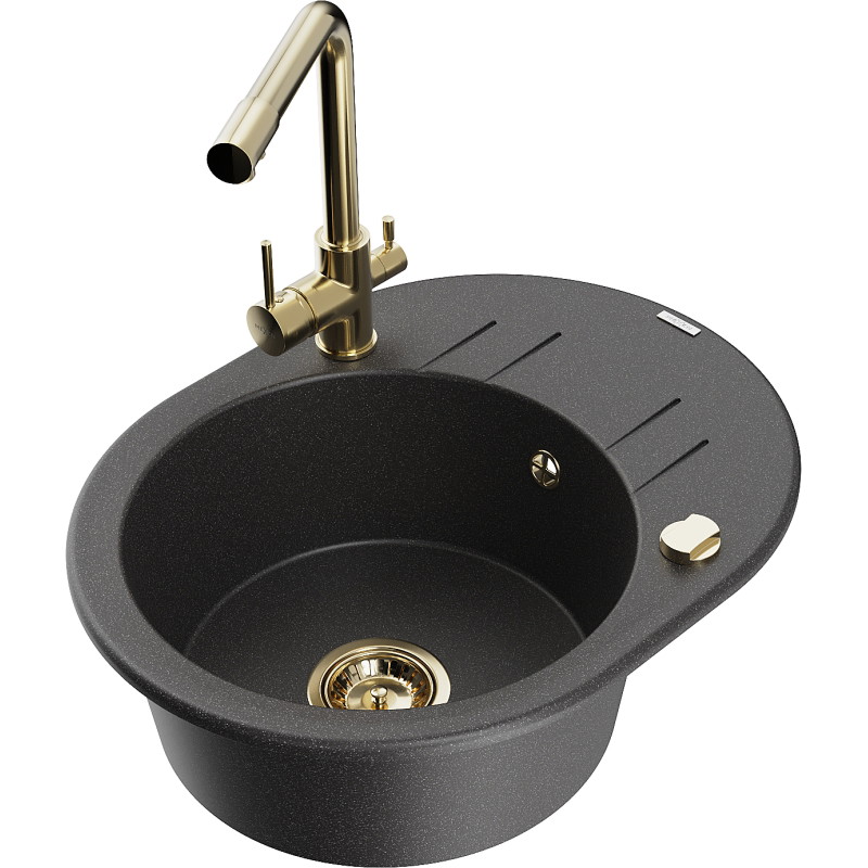 Mexen Kevin granite kitchen sink 1-bowl with drainer and Duero kitchen faucet, black speckled - 6517-76-671600-50