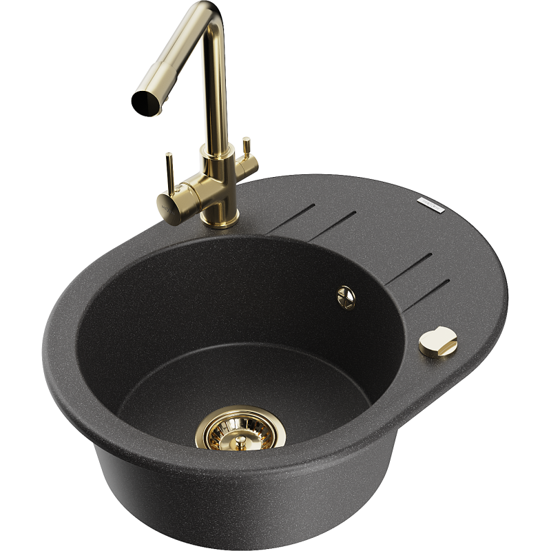 Mexen Kevin single-bowl granite kitchen sink with drainer and Duero kitchen tap, black speckled - 6517-76-671600-50