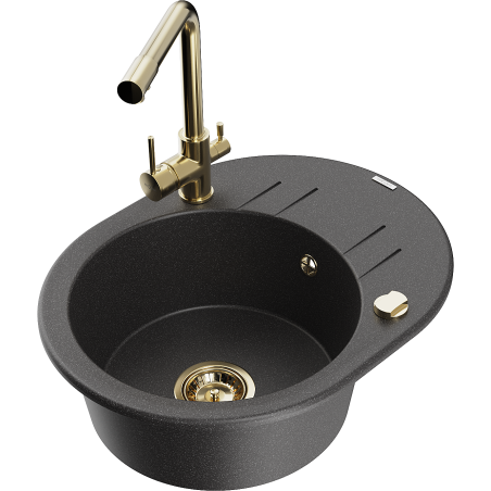 Mexen Kevin granite kitchen sink 1-bowl with drainer and Duero kitchen faucet, black speckled - 6517-76-671600-50