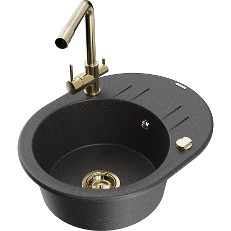 Mexen Kevin single-bowl granite kitchen sink with drainer and Duero kitchen tap, black speckled - 6517-76-671600-50