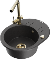 Mexen Kevin granite kitchen sink 1-bowl with drainer and Duero kitchen faucet, black speckled - 6517-76-671600-50