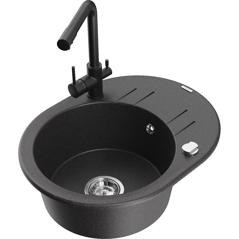 Mexen Kevin 1-bowl granite sink with drainer and kitchen faucet Duero, speckled black - 6517-76-671600-70