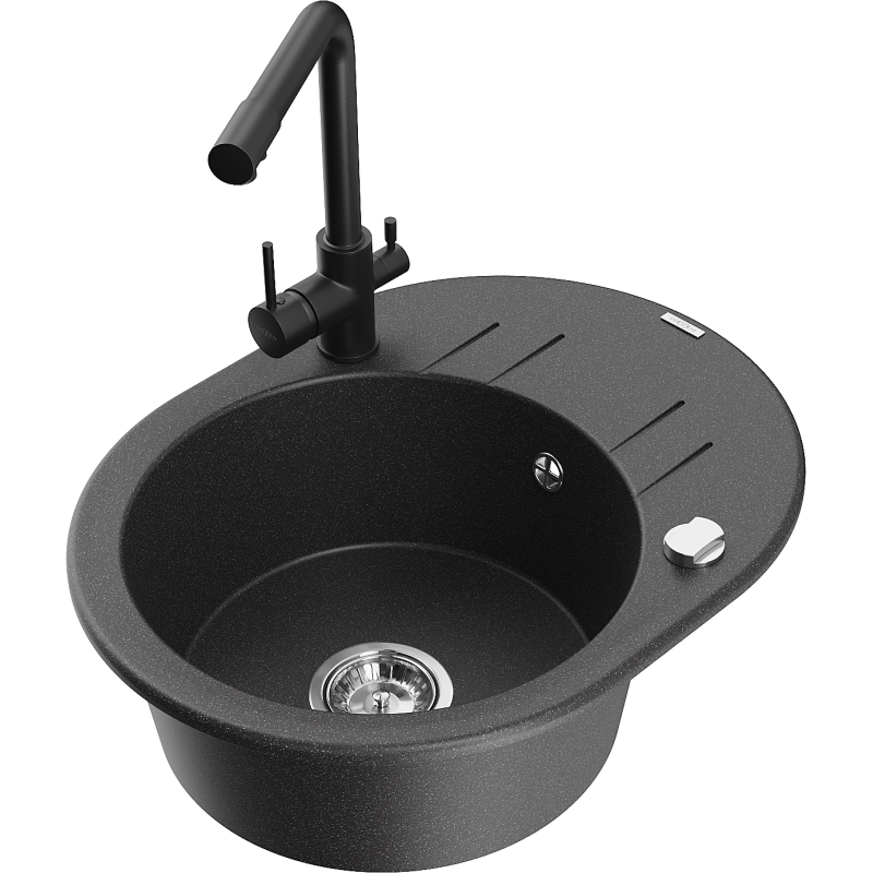 Mexen Kevin 1-compartment granite sink with a drip tray and kitchen mixer tap Duero, spotted black - 6517-76-671600-70