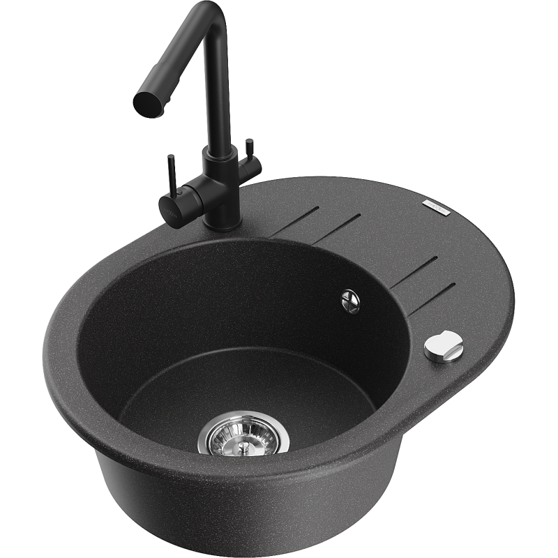 Mexen Kevin granite sink single-bowl with drainer and Duero kitchen tap, speckled black - 6517-76-671600-70