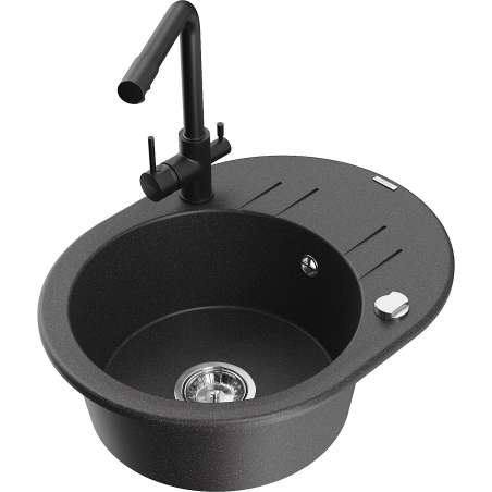 Mexen Kevin granite sink single-bowl with drainer and Duero kitchen tap, speckled black - 6517-76-671600-70