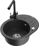 Mexen Kevin 1-bowl granite sink with drainer and kitchen faucet Duero, black speckled - 6517-76-671600-70