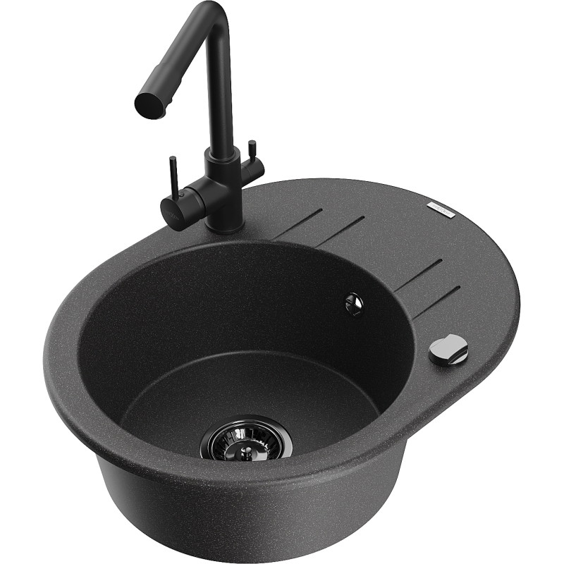 Mexen Kevin granite kitchen sink 1-bowl with drainer and kitchen faucet Duero, black speckled - 6517-76-671600-70-B