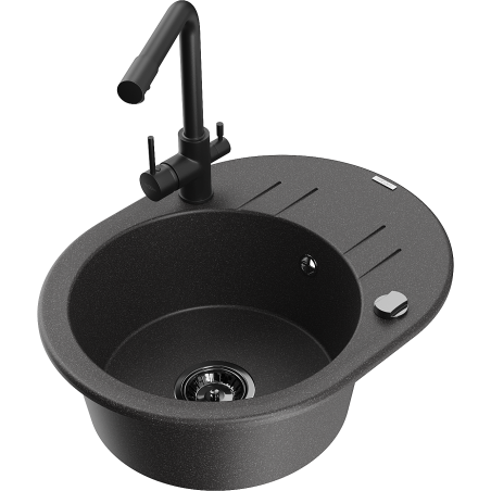 Mexen Kevin granite kitchen sink single-bowl with drainer and Duero kitchen faucet, speckled black - 6517-76-671600-70-B