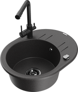 Mexen Kevin granite kitchen sink 1-bowl with drainer and kitchen faucet Duero, black speckled - 6517-76-671600-70-B