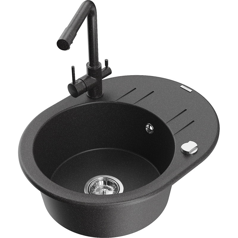 Mexen Kevin granite sink 1-bowl with drainer and Duero kitchen faucet, black speckled - 6517-76-671600-76