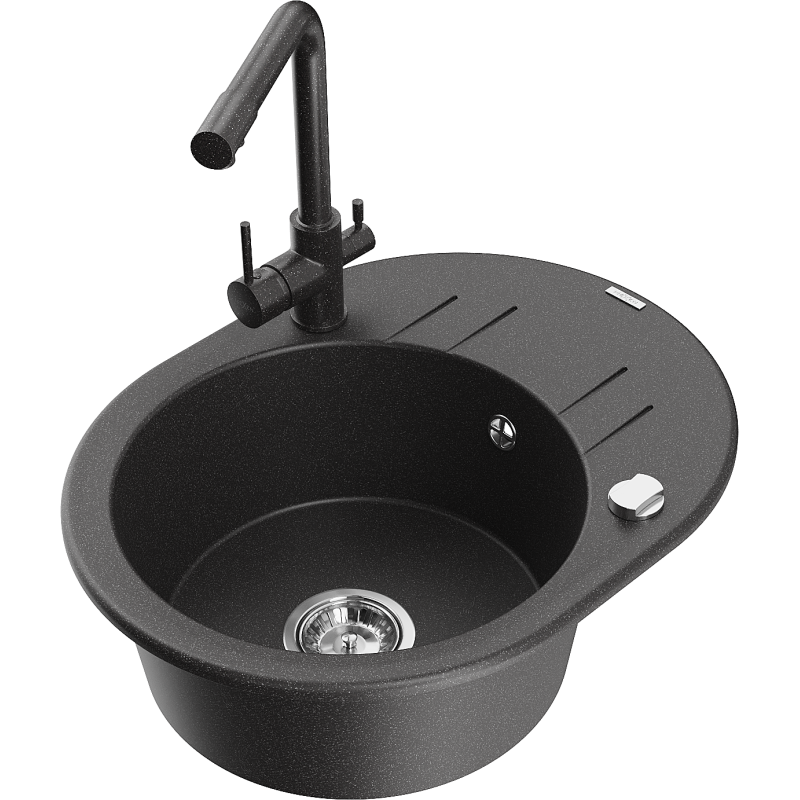 Mexen Kevin granite sink 1-bowl with drainer and Duero kitchen tap, speckled black - 6517-76-671600-76