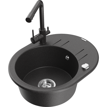 Mexen Kevin granite sink 1-bowl with drainer and Duero kitchen faucet, black speckled - 6517-76-671600-76