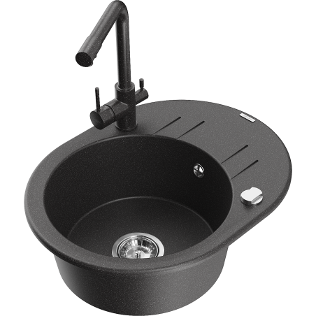 Mexen Kevin granite sink 1-bowl with drainer and Duero kitchen tap, speckled black - 6517-76-671600-76
