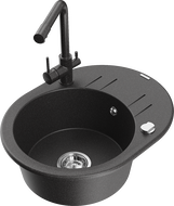 Mexen Kevin granite sink 1-bowl with drainer and kitchen faucet Duero, black speckled - 6517-76-671600-76