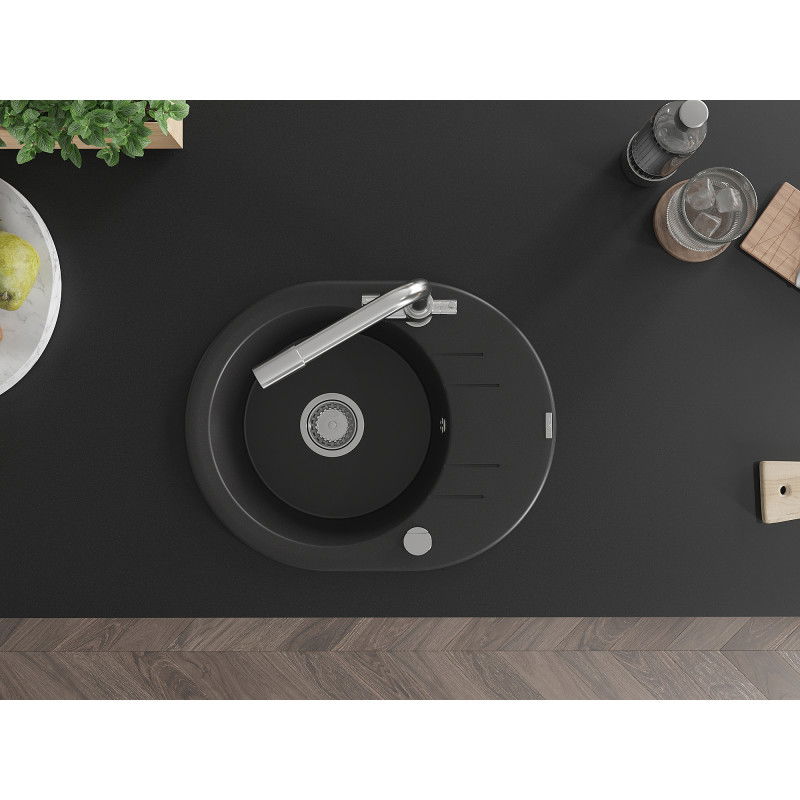 Mexen Kevin granite sink 1-bowl with drainer and Duero kitchen tap, black - 6517-77-671600-00