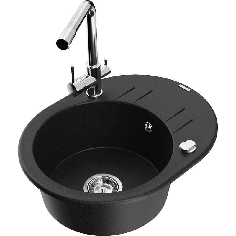 Mexen Kevin 1-bowl granite sink with drainer and Duero kitchen faucet, black - 6517-77-671600-00