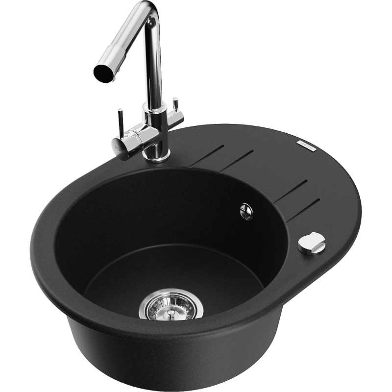 Mexen Kevin 1-compartment granite sink with a drip tray and kitchen mixer tap Duero, Black - 6517-77-671600-00